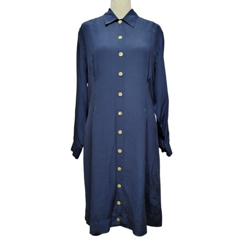 Vintage Laura Ashley Midi Dress Size 8 Navy Blue Silk Button Up Lightweight
